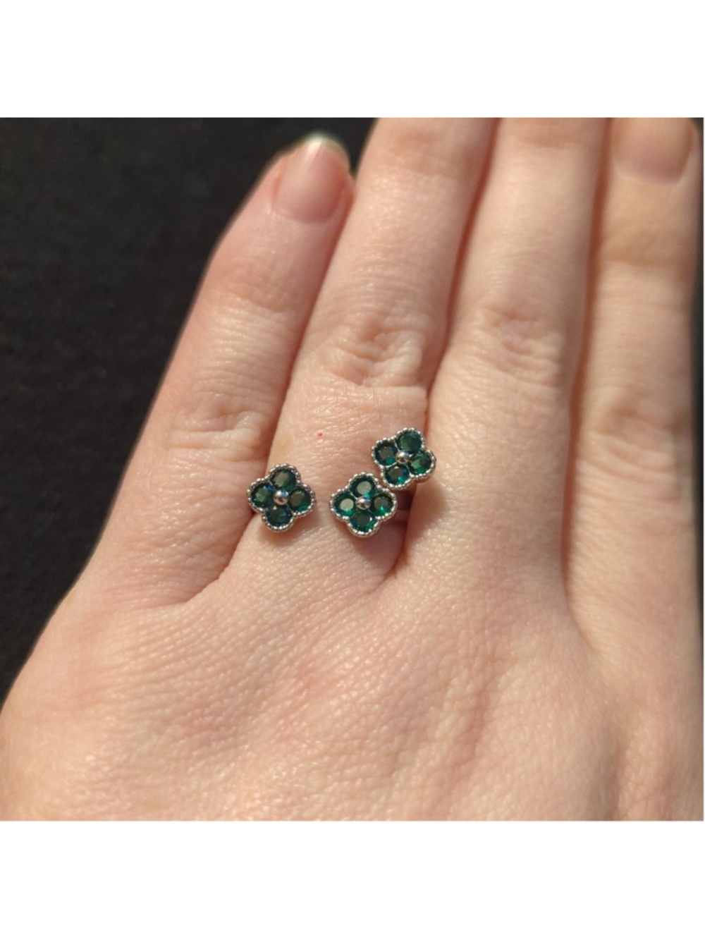 Silver Plated Green Rhinestone Clover Open Statement Ring - size 6-7